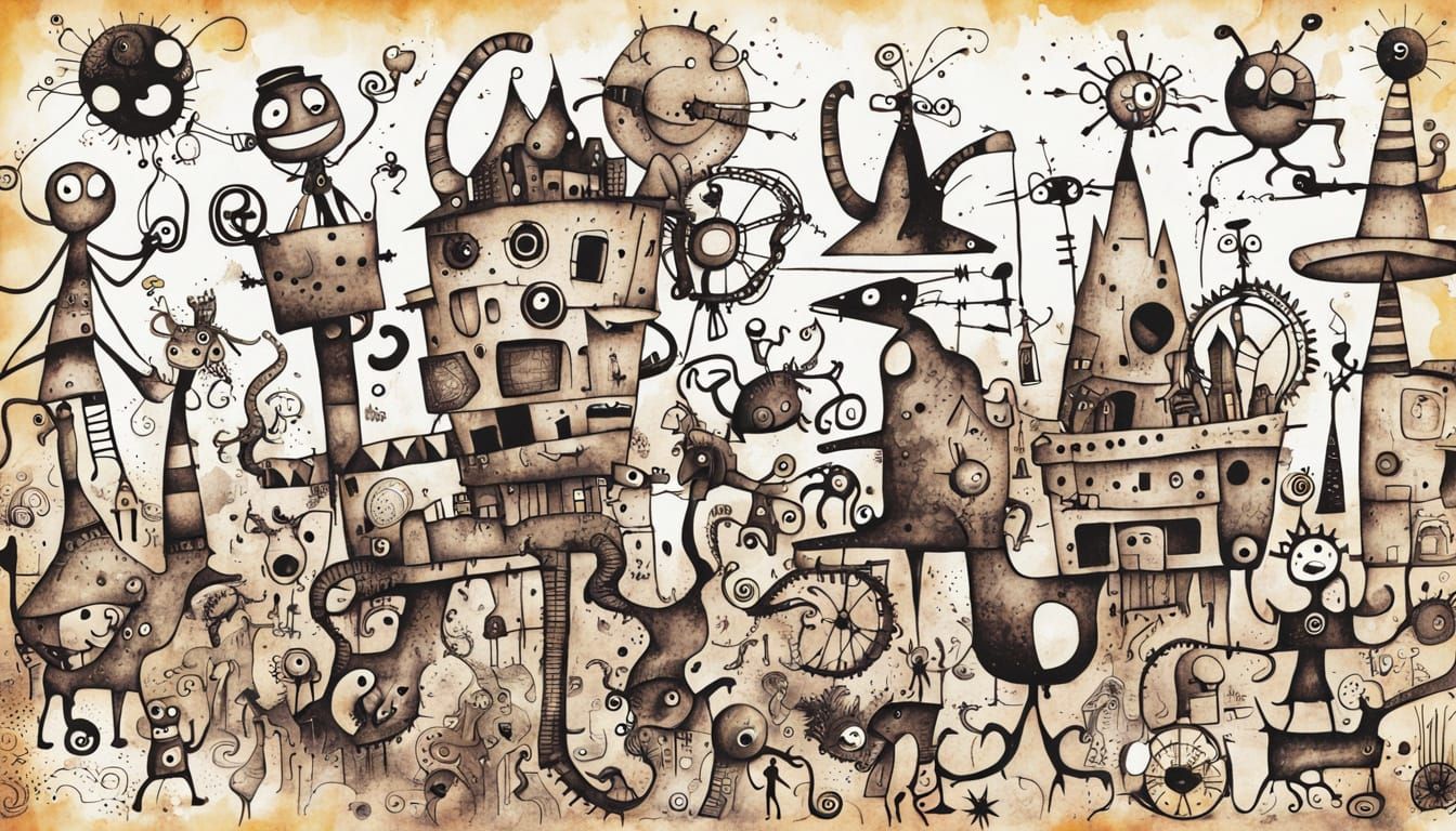 Vibrant Steampunk-Inspired Doodles on Vintage Paper