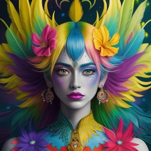 Astral Cosmic Woman with Colorful Feathers, Surreal Art