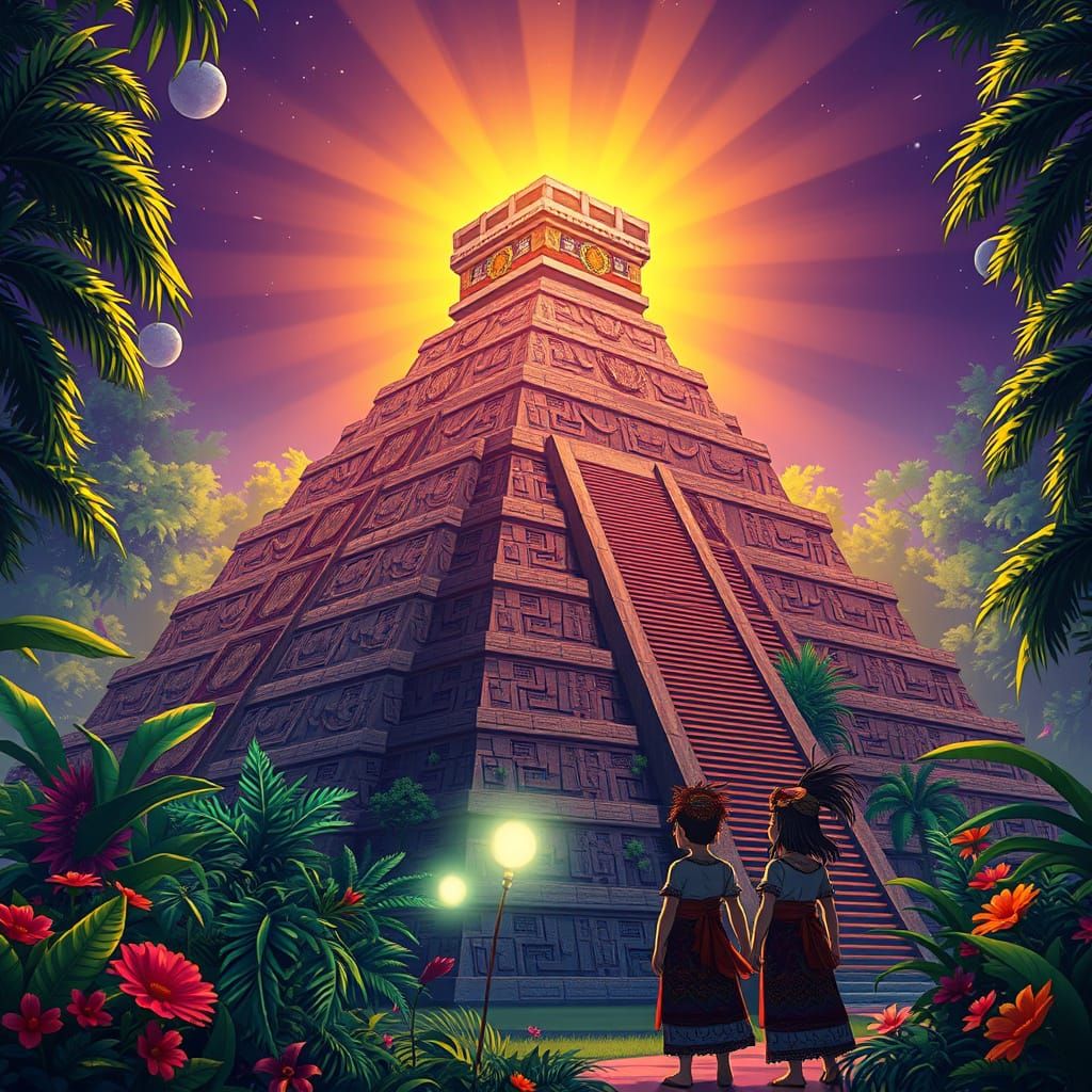Majestic Mayan-Aztec Pyramid in Vibrant, 3D Digital Art