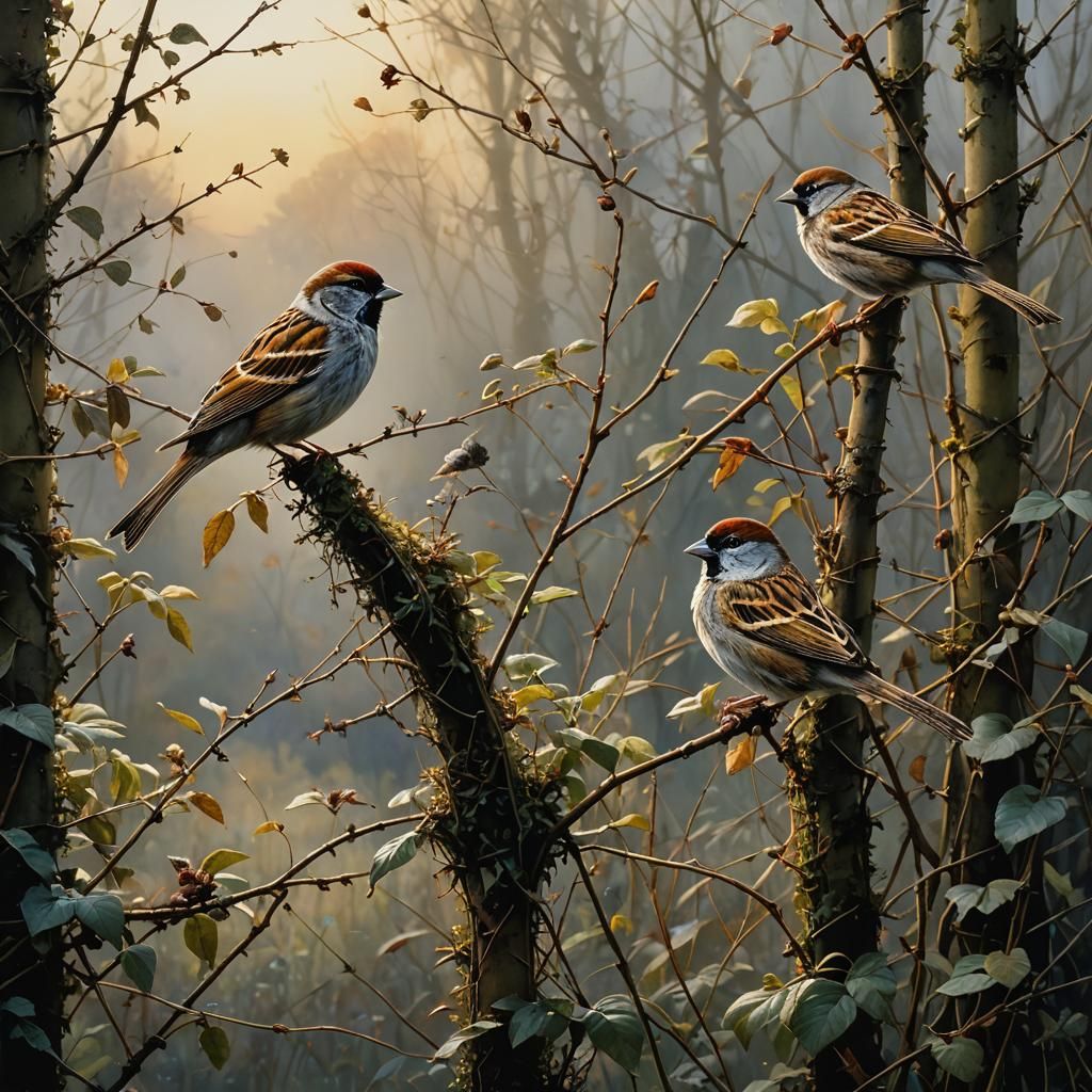 House Sparrows in Hedge, Watercolor Painting