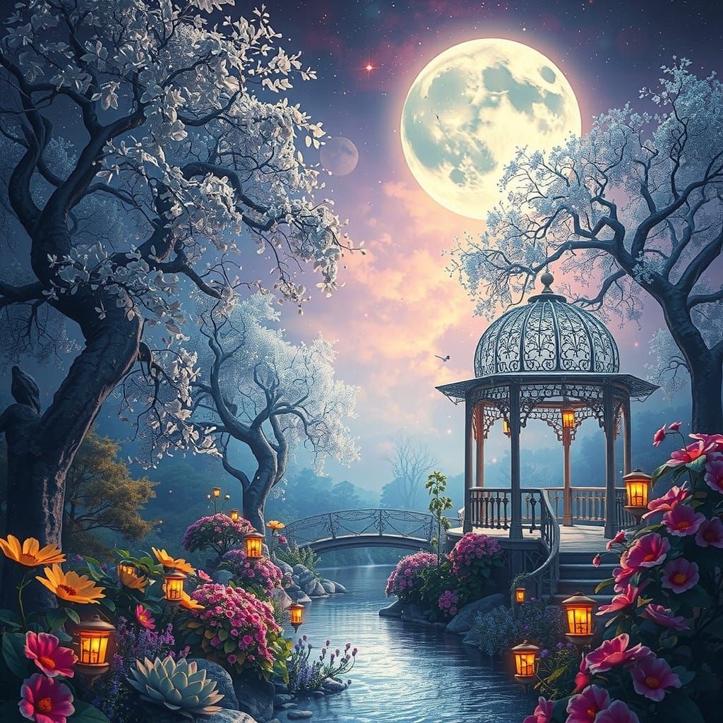Dreamlike Garden Illuminated by Radiant Moonlight
