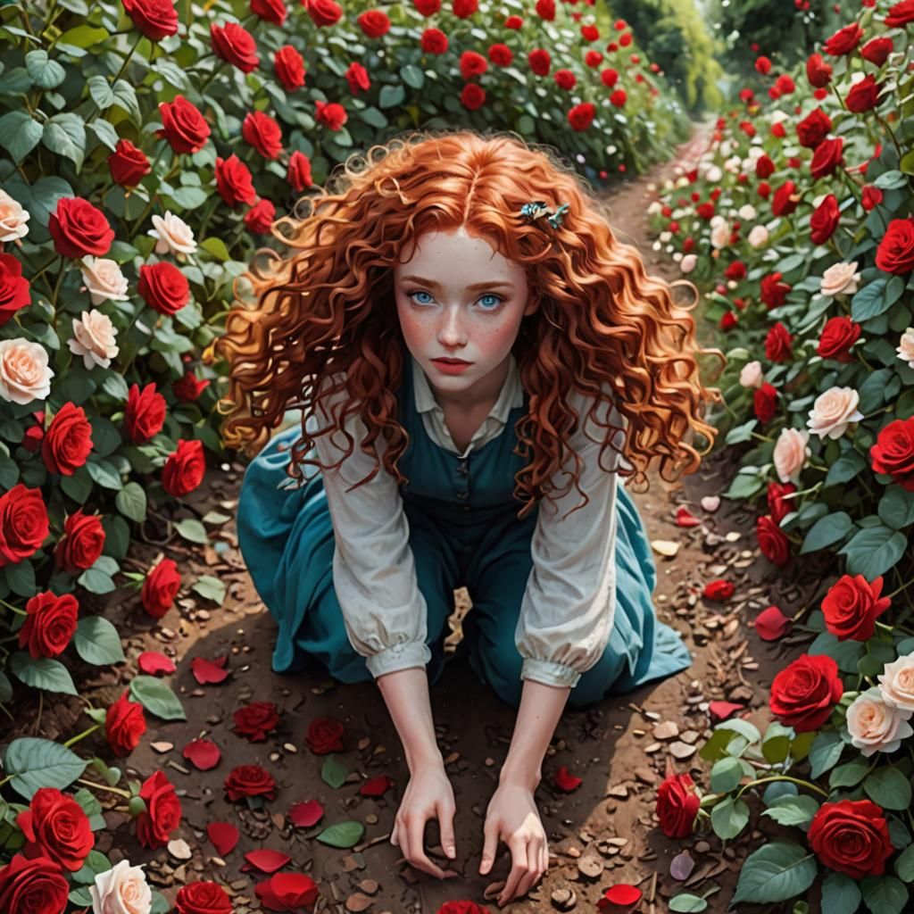 Girl With Long Red Hair on Rose Path
