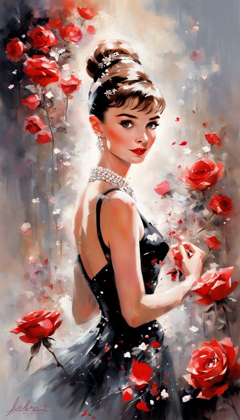 Audrey Hepburn Portrait with Magical Red Roses