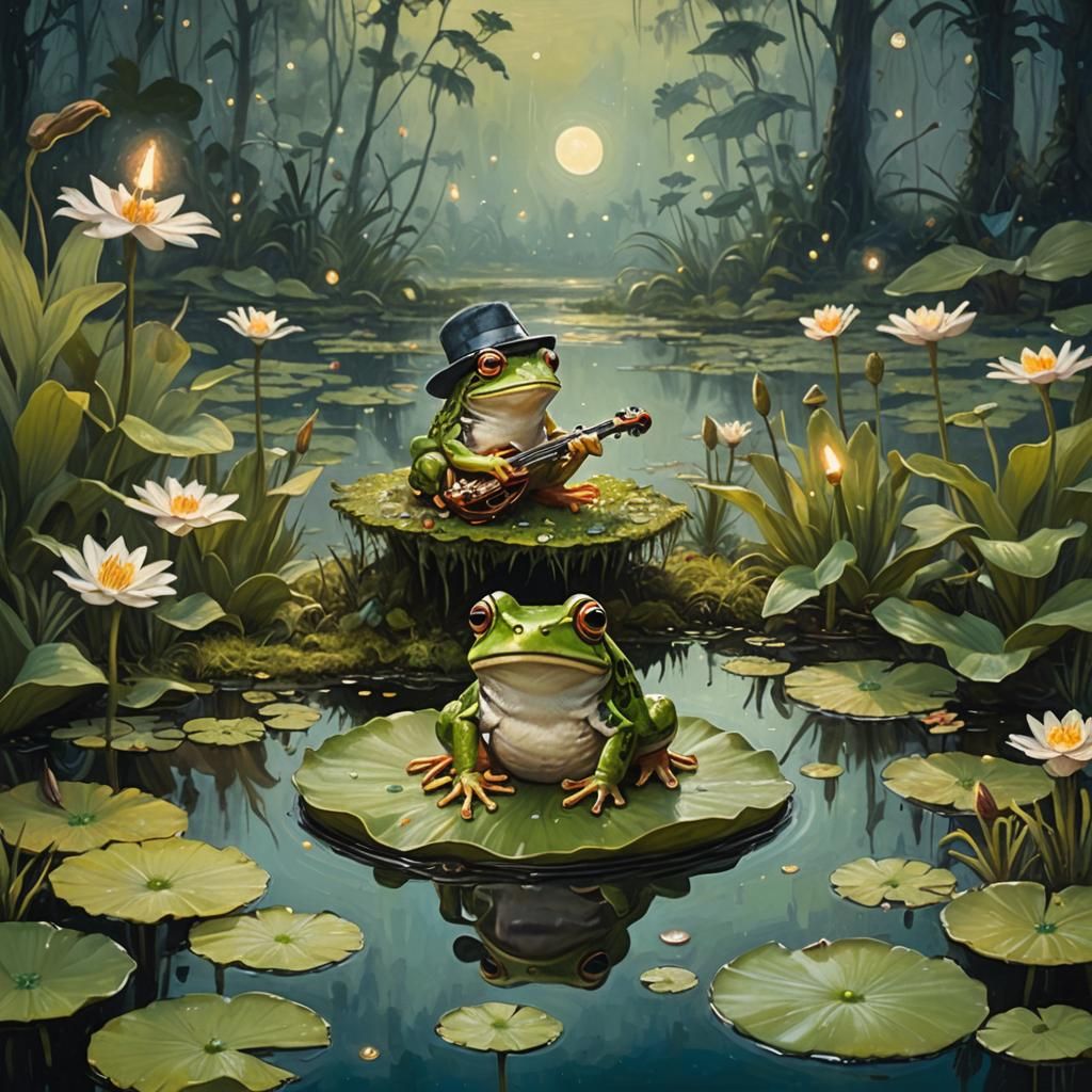 Frog Saxophonist in Moonlit Swamp, Neo-Impressionist Paintin...