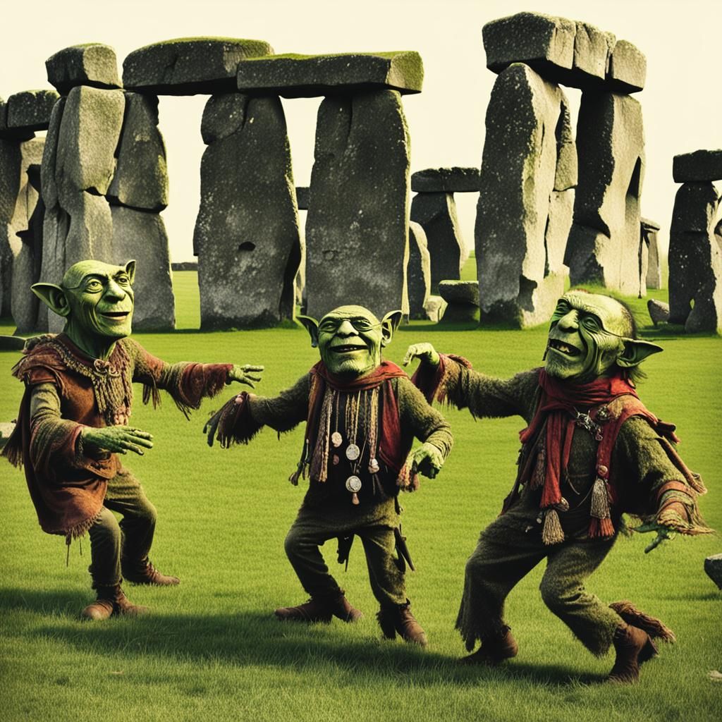 Whimsical dancing goblin troupe at Stonehenge.