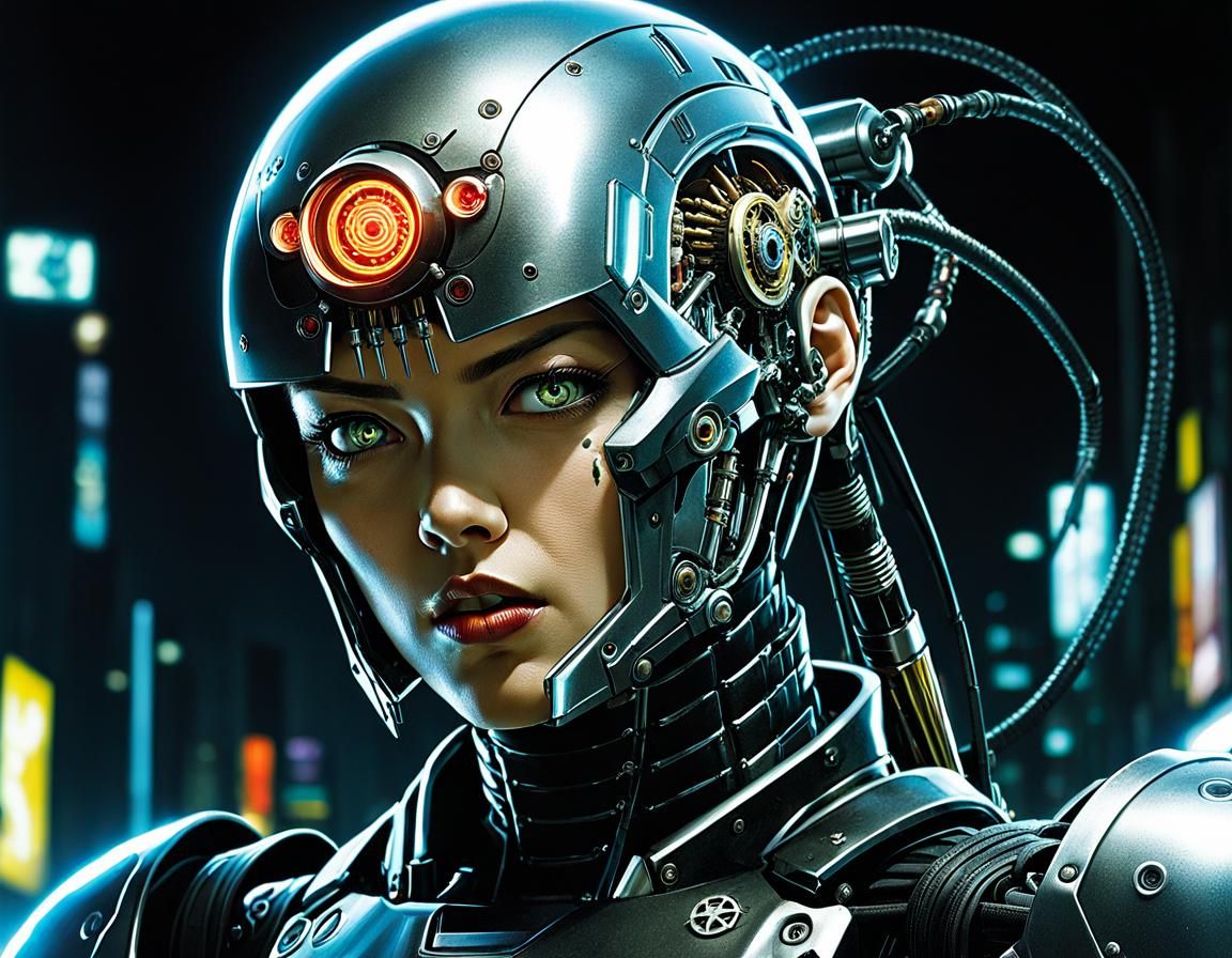 Cyberpunk Cyborg Bounty Hunter in Neon Cityscape