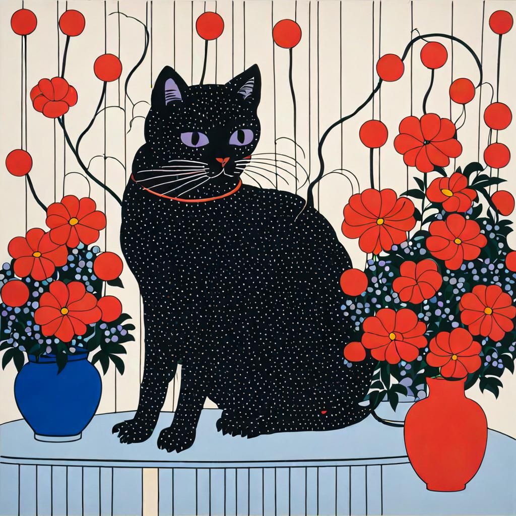 Cat on Pillow with Flowers in Pop Art Style