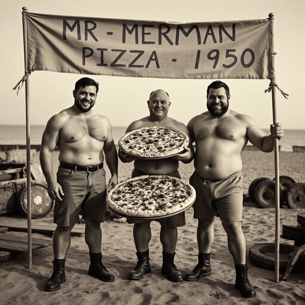 Vintage Mermen Share Pizza on the Beach