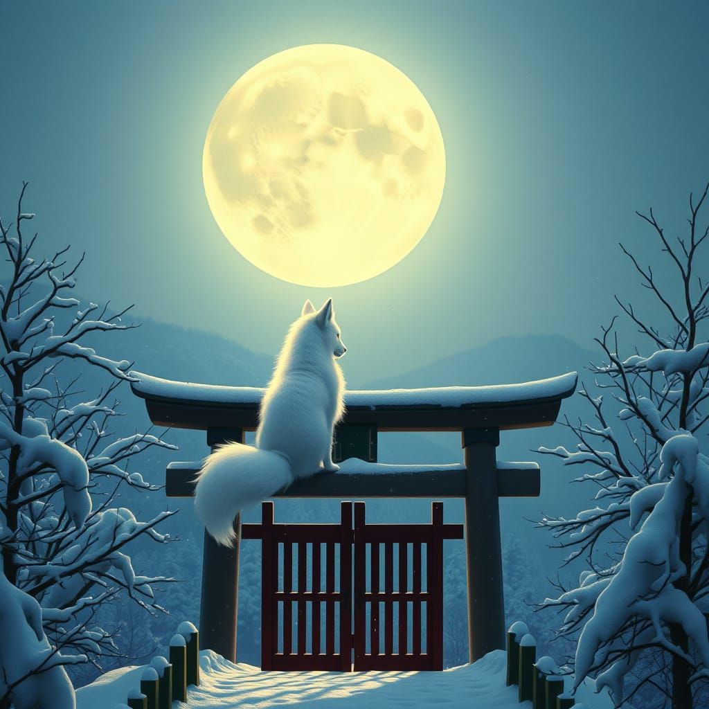 Kitsune Under Moonlight: Fantasy Art Nouveau Scene