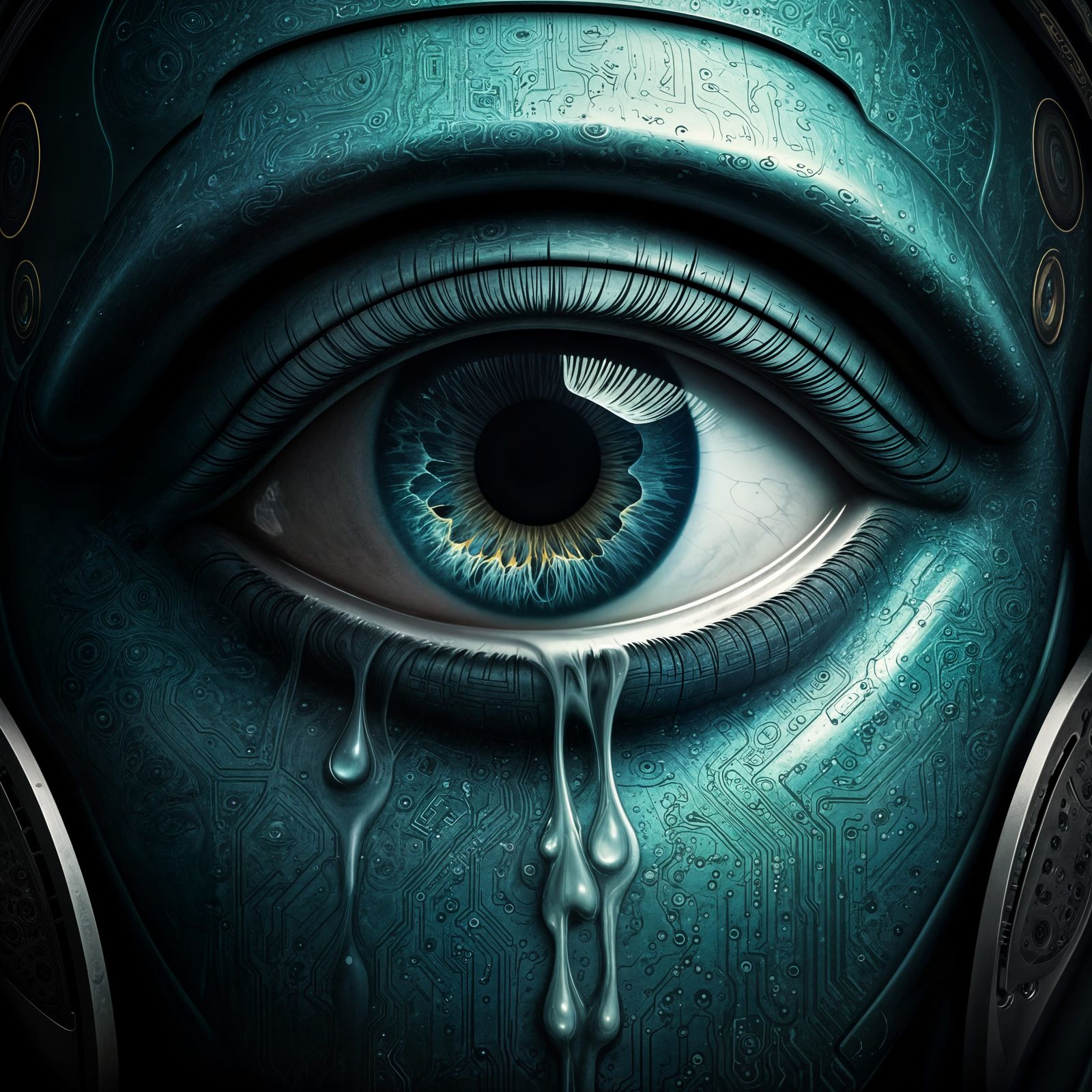 Surreal Robot Eye Leaks Aquatint Tears