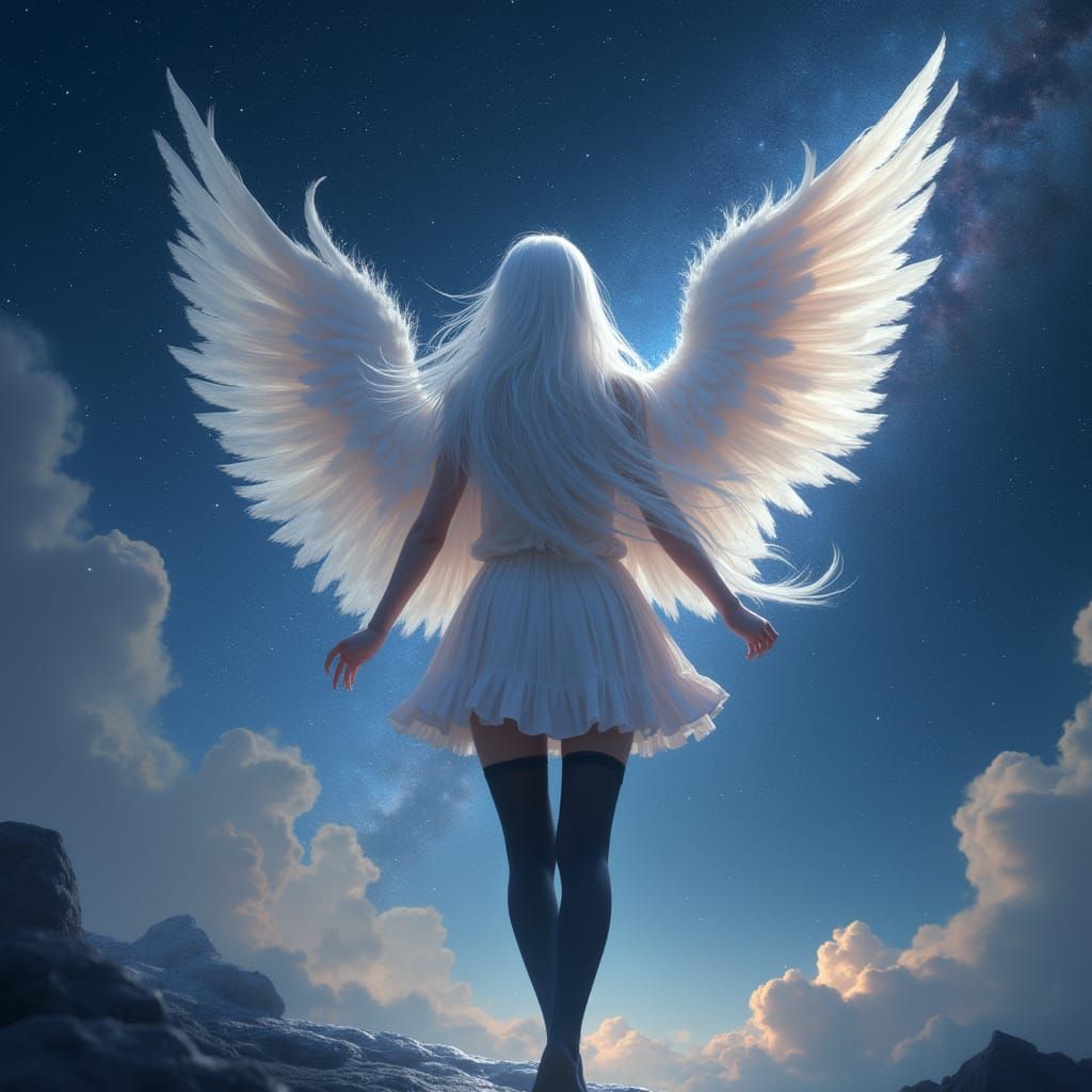 Serene Angelic Figure Walks Among Starry Skies