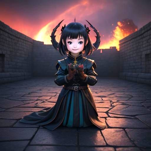 Anime Girl and Dragon at Dark Temple in 3D
