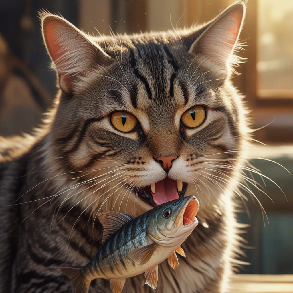 Gray Tabby Cat Enjoys Fish in Whimsical Style