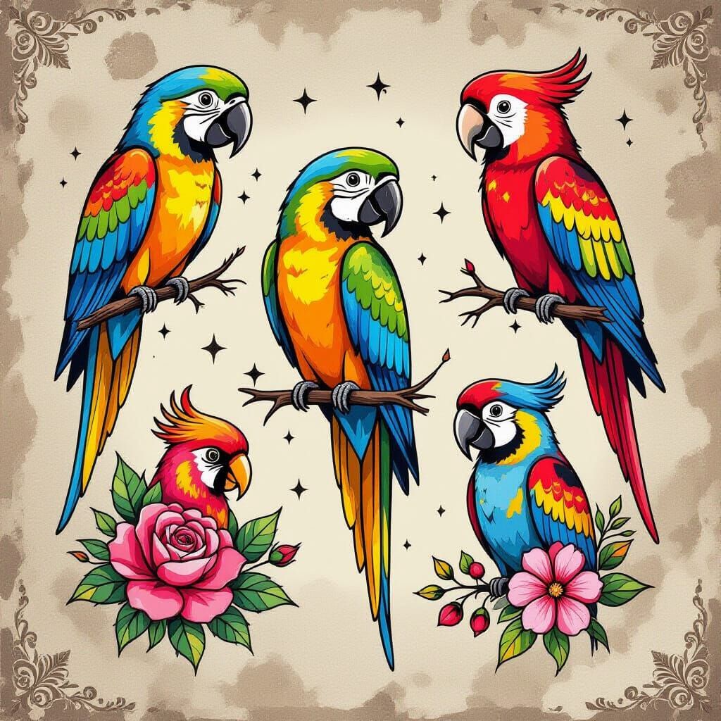 Parrot Flash Tattoo Sheet in Various Styles