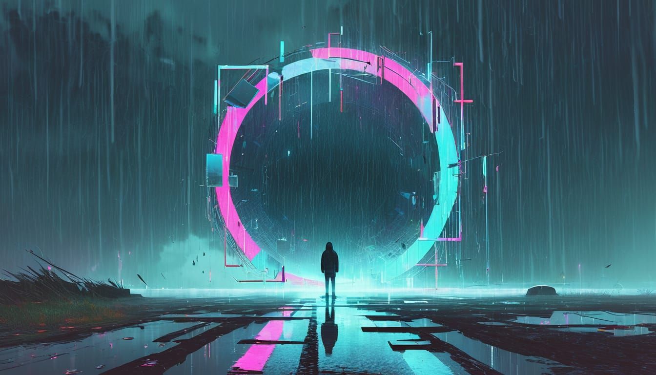 Surreal Glitchcore Portal in Neon Digital Rainstorm