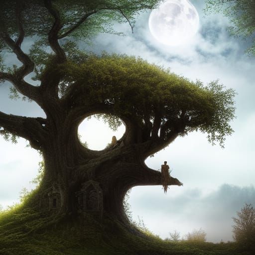 Fairytale Tree Palace Under Moonlight: Digital Matte Paintin...