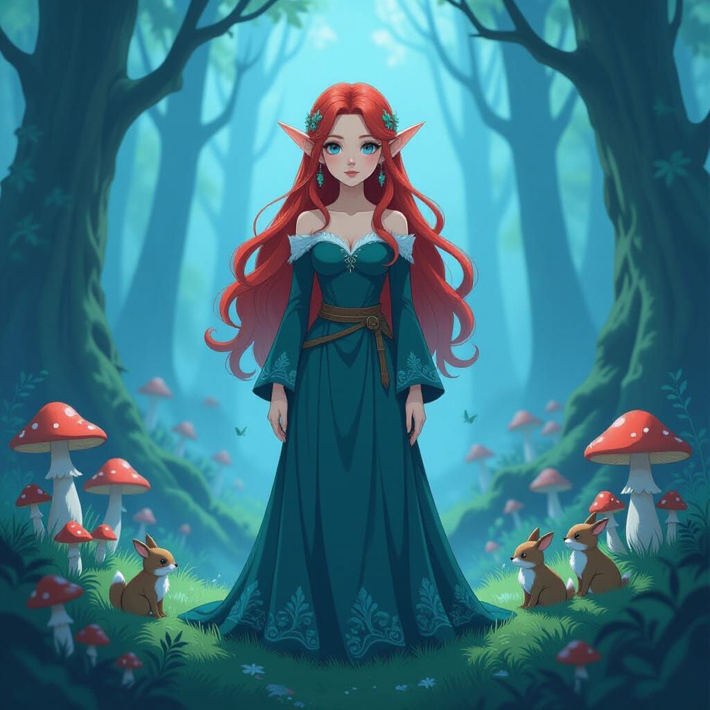 Mystical Wood Elf in Foggy Forest with Aura and Animals