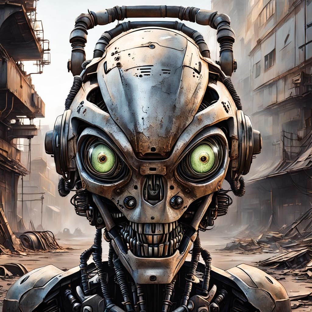 Cartoon Robotic Alien in Dystopian Industrial Ruins