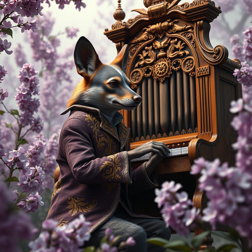 Wild Dog Plays Majestic Organ in Dreamlike Landscape