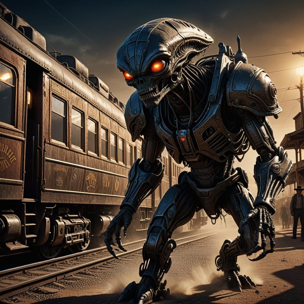 Alien Robs Wild West Train in Hyperrealistic Concept Art