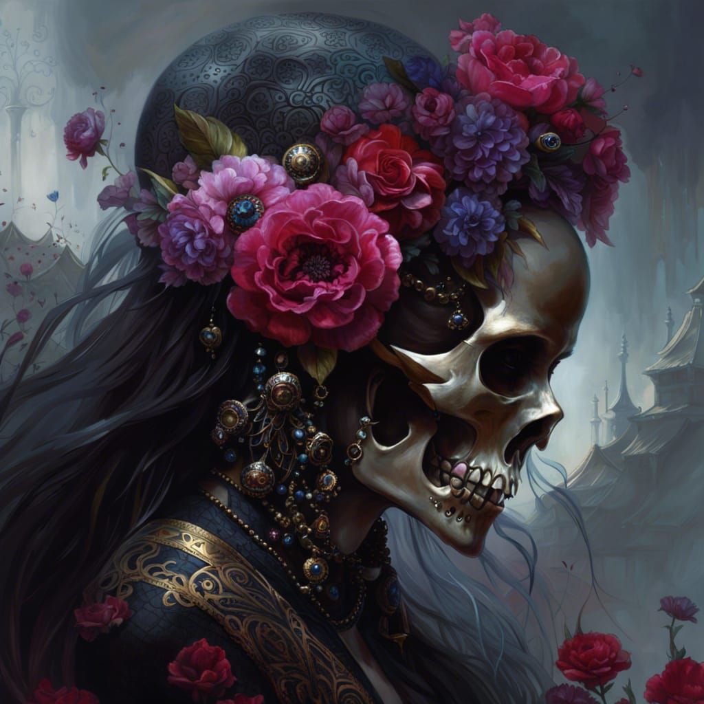Gothic Skull Still Life in Dark Royal Style