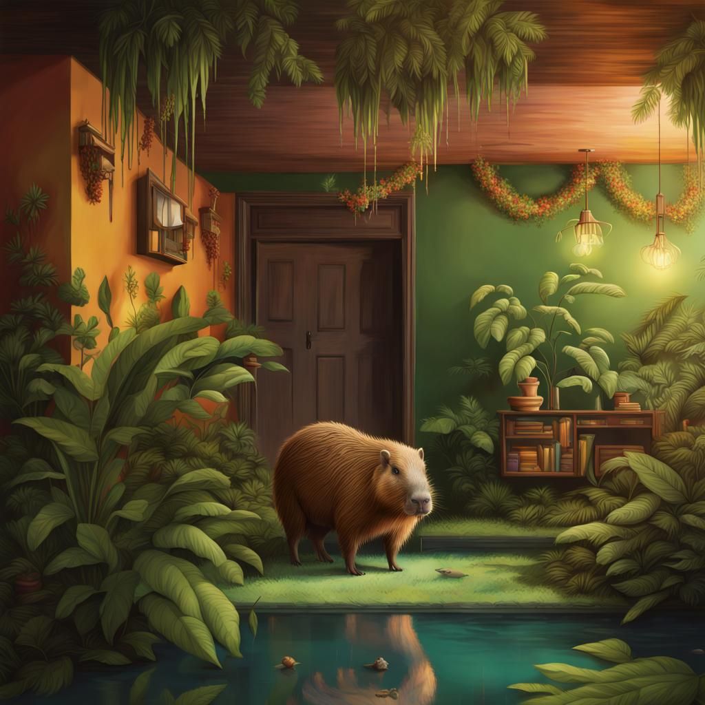 Jungle-Themed House with Capybara: Hyperrealistic Art