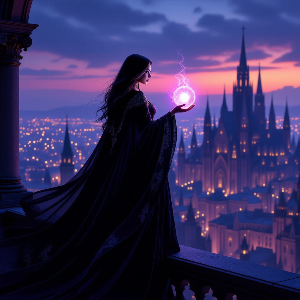 Glamorous Sorceress Overlooking Gothic City