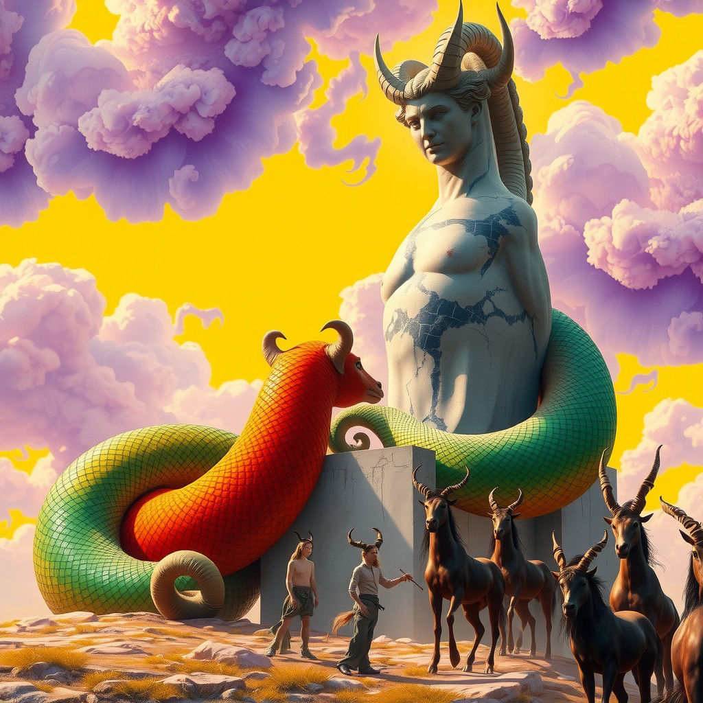 Horned Viper Coiled Around Satyr Statue