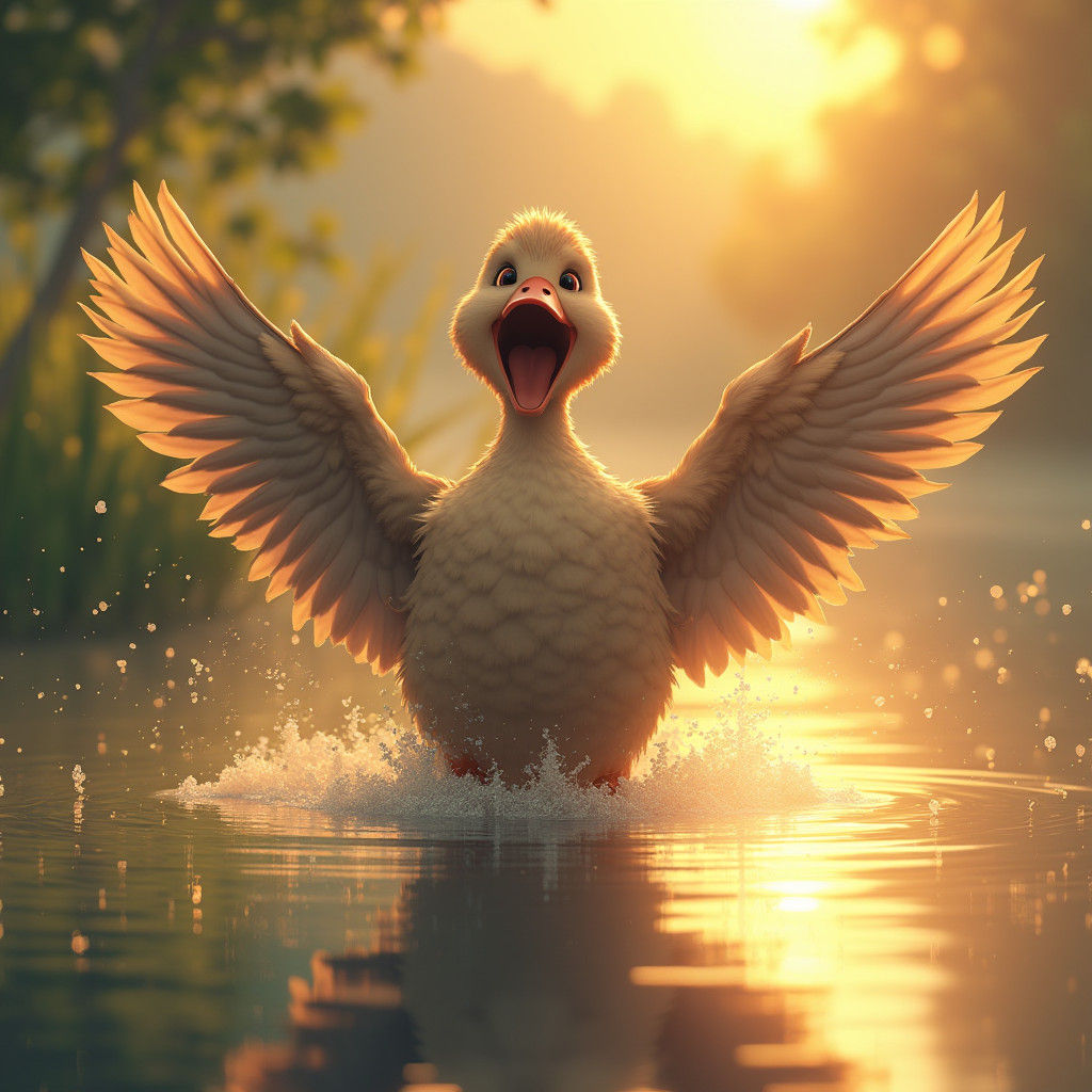 Distressed Duck in Anime Style at Sunrise