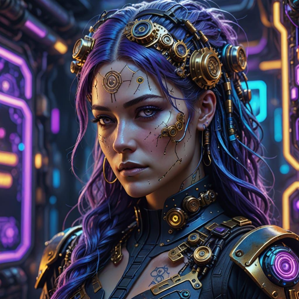 Cyberpunk Woman with Golden Gears and Neon Hair