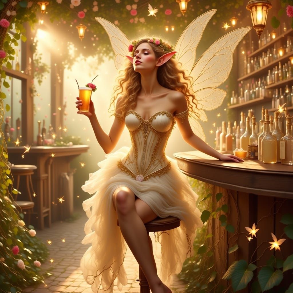Fairy in Corset at Bar Drinking Colada