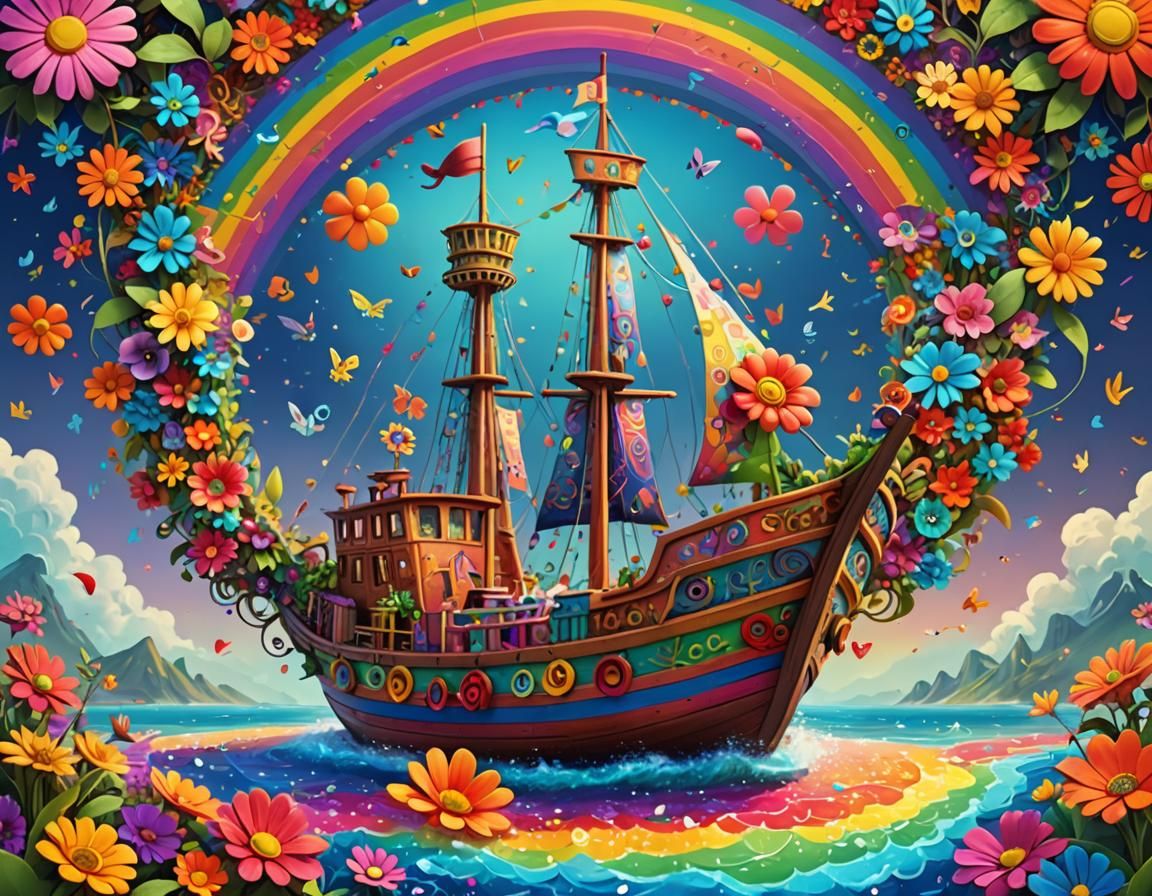 Bohemian Boat on Rainbow Sea: 3D Digital Art