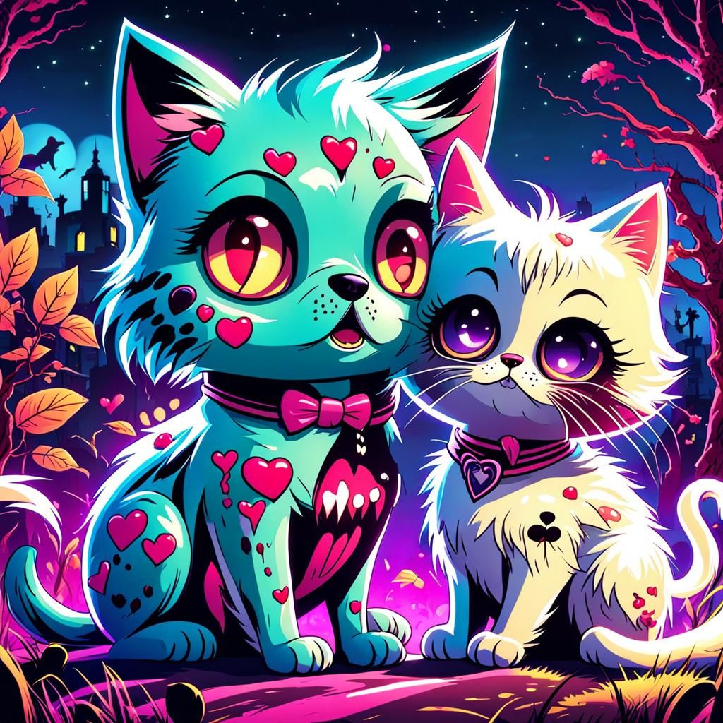 Cute Zombie Dog and Cat Couple Embrace in Glitterpunk Style
