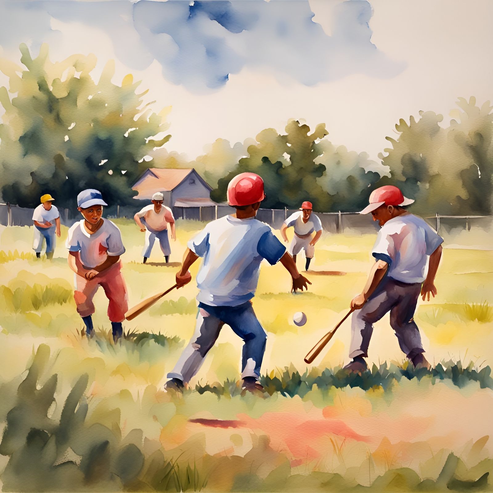Baseball Game in Watercolor Gouache Style