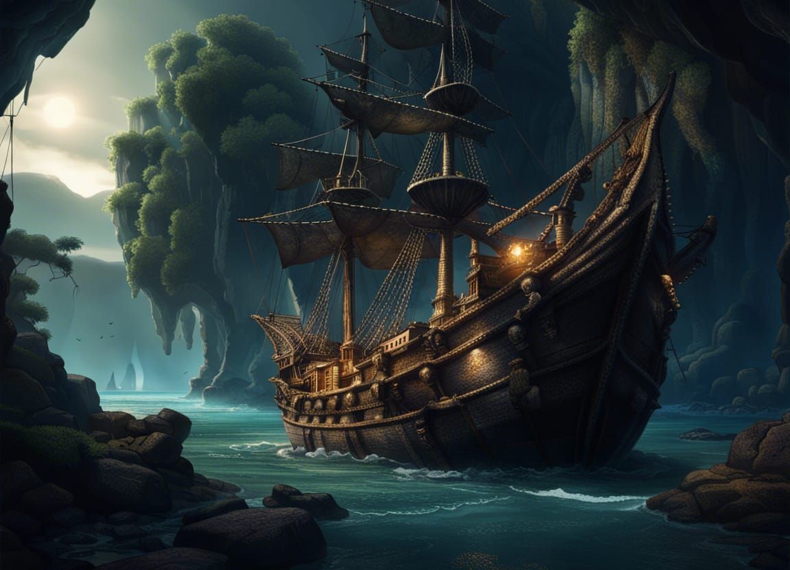 Pirate Ship in Shipwreck Cove: Digital Art