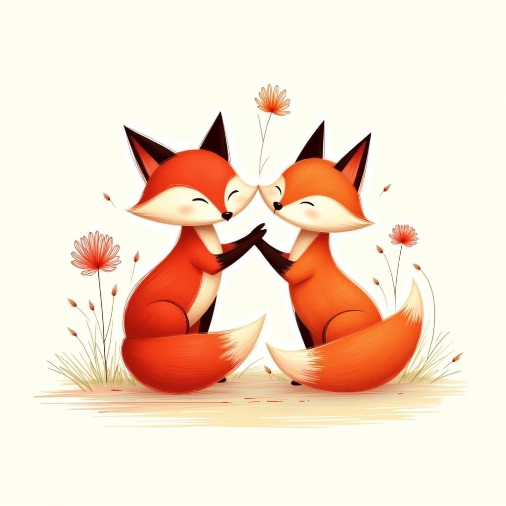 Cuddling Foxes in Minimalist Scribble Style