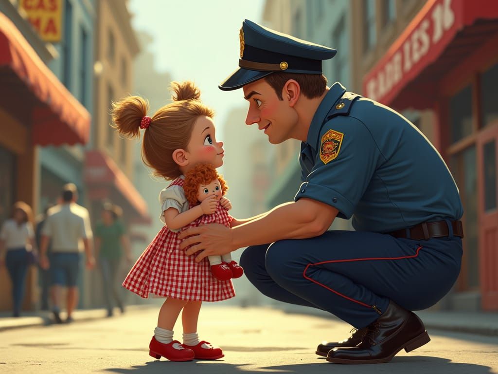 Vibrant Girl Comforted by Kind Officer in 1950s City
