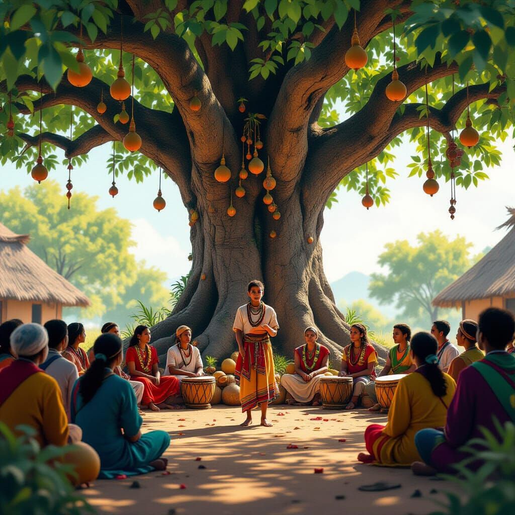 Ceremony Under Fig Tree with Village Elders and Drums