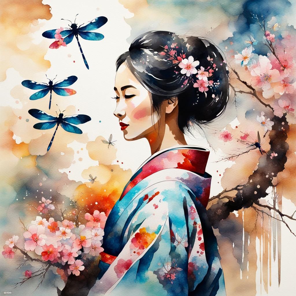 Kimono Woman with Sakura and Dragonflies in Watercolor