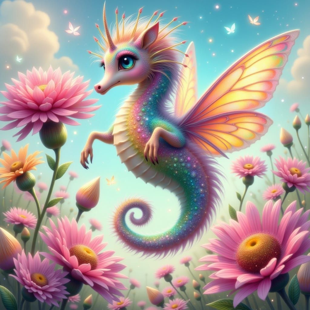 Whimsical Fairy Punk Seahorses in a Vibrant Garden