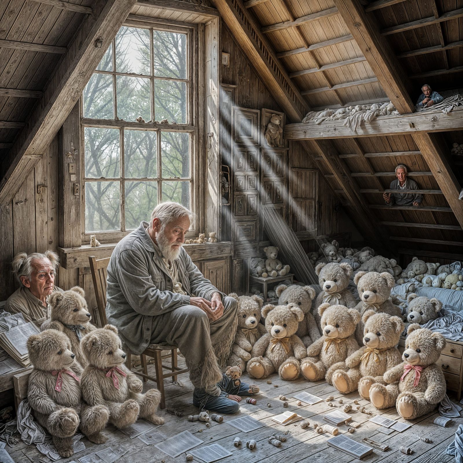 Old Man in Dusty Attic with Teddy Bears, Impressionist Style