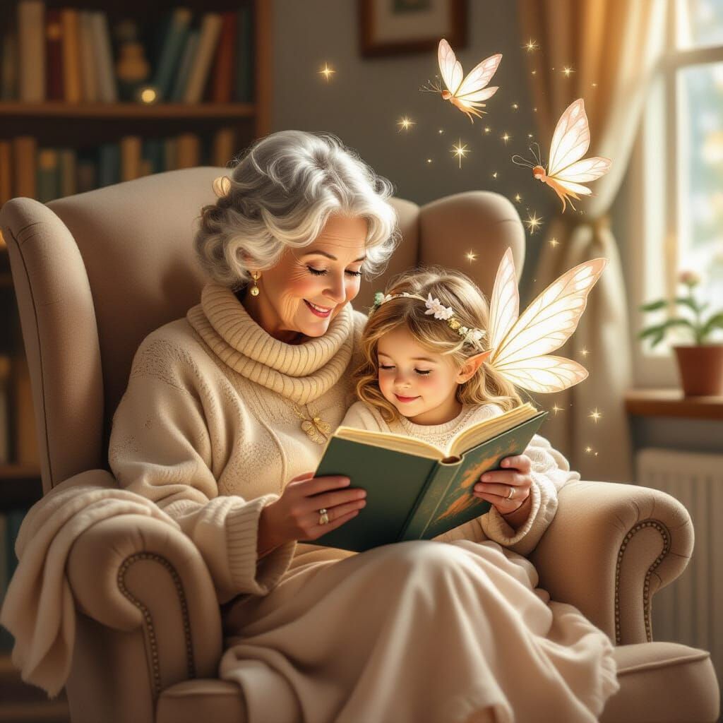 Grandmother Reads Fairy Tales to Granddaughter in Cozy Armch...