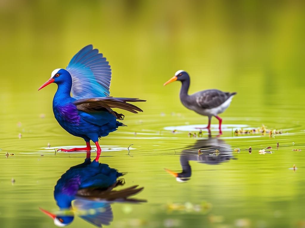 Purple Swamphen and Companion in Calm Water