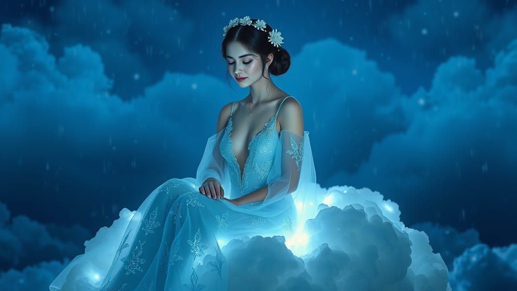 Ethereal European Woman Sits Serenely on Clouds in Frosty, D...
