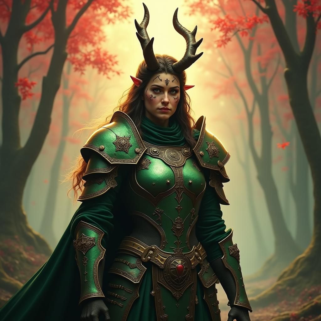Heroic Female Half-Orc Paladin in Mystical Forest