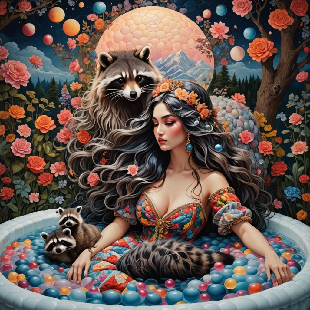 Quilted Scene: Lady and Raccoon in Bubble Bath