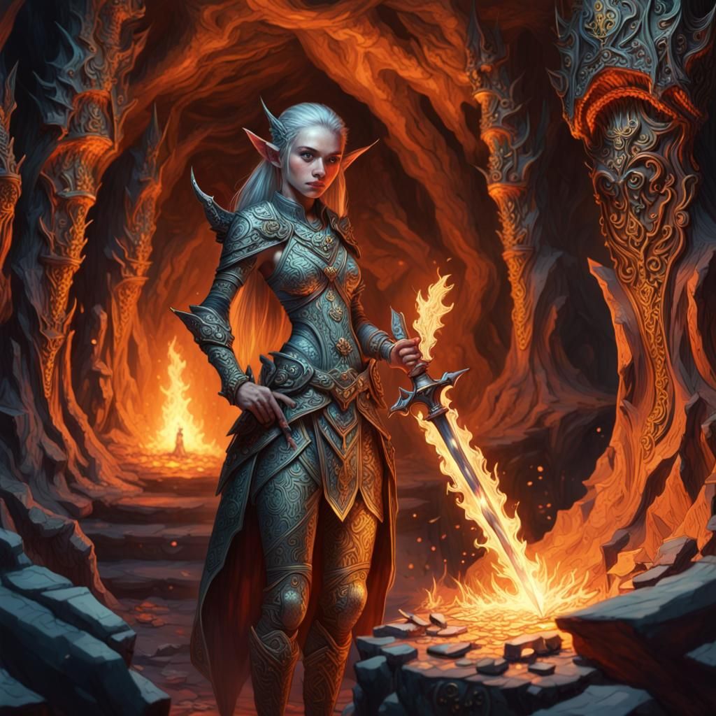 Elves Forging a Sword in Maximalist Cavern