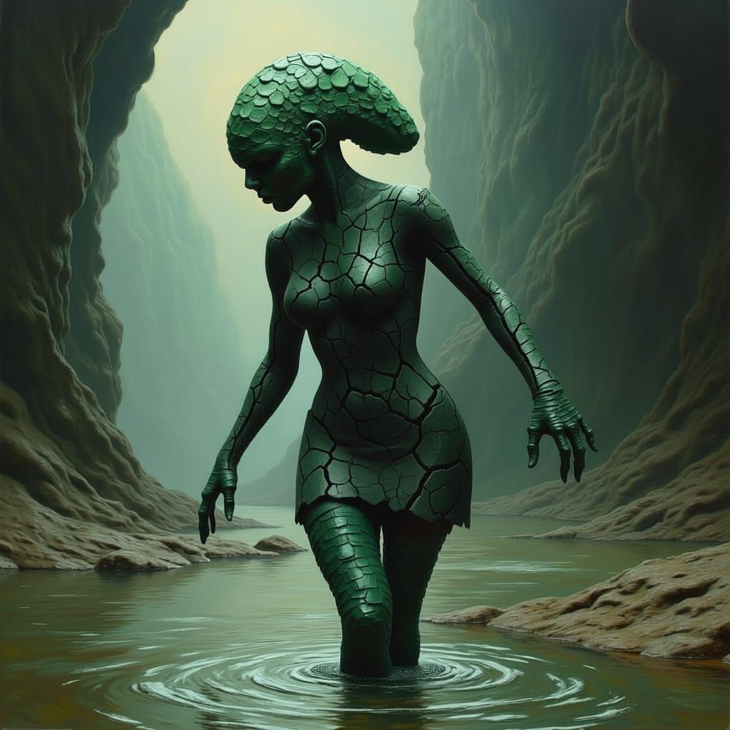 Stone Woman of Saturn in Impressionistic Oil Painting Style