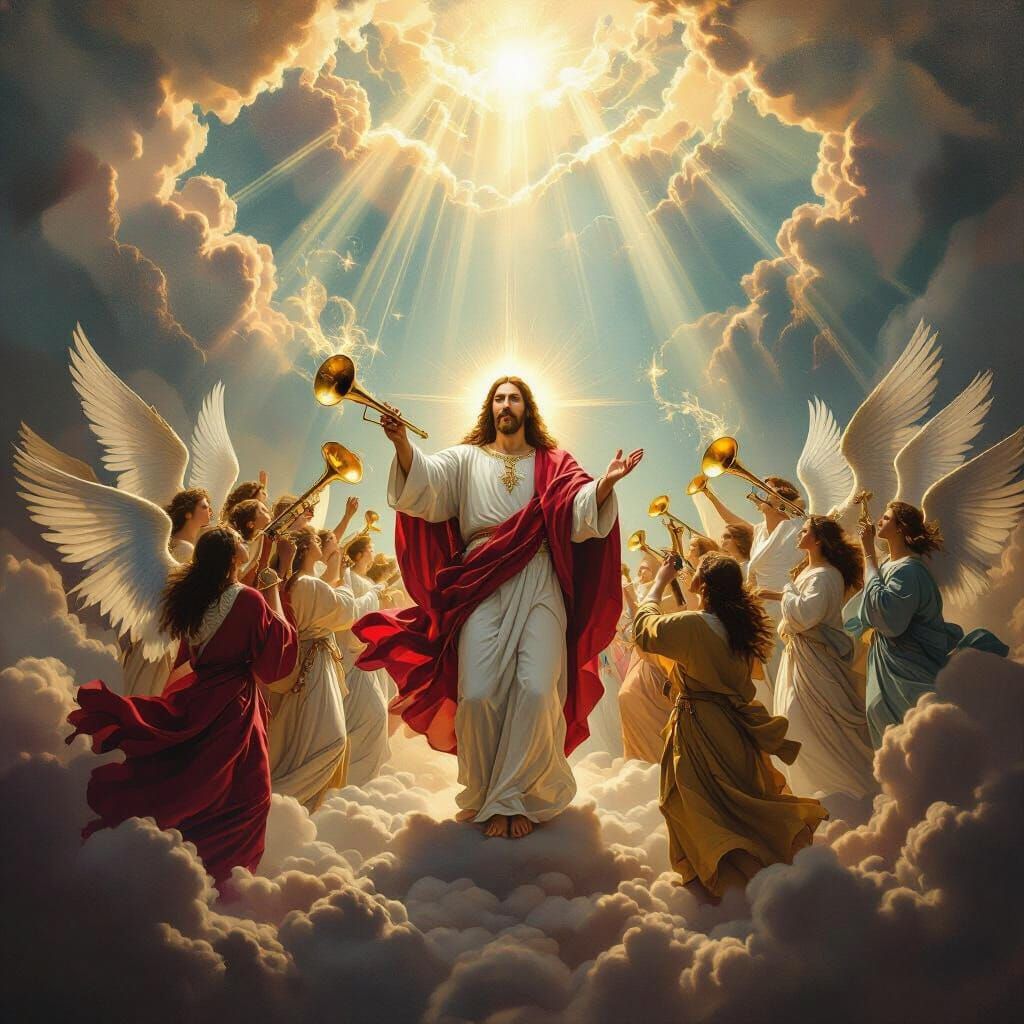 Jesus's Second Coming with Angels Playing Trumpets