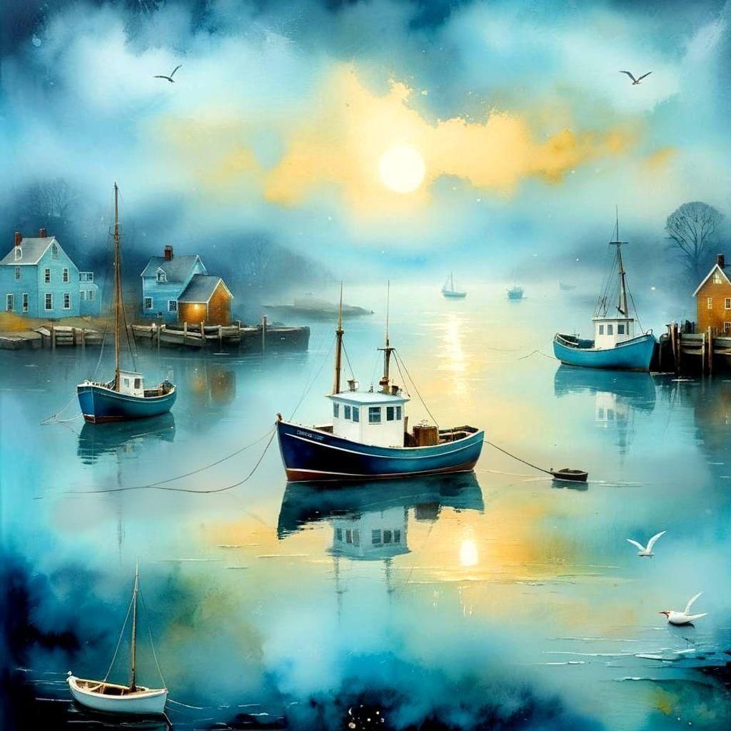 New England Harbor Sunrise in Watercolor Style